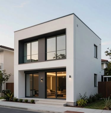 Exterior shot of a modern, minimalist residential building with clean lines and large windows, situated in an upscale North American neighborhood. The color palette consists of off-white and dark grey with gold accents from the interior lighting.