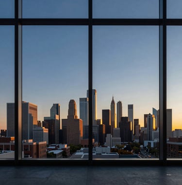 A view through a minimalist glass window of a sunset over a modern US financial district. The sky is a deep blue and gold. The composition is clean, airy, and forward-looking.