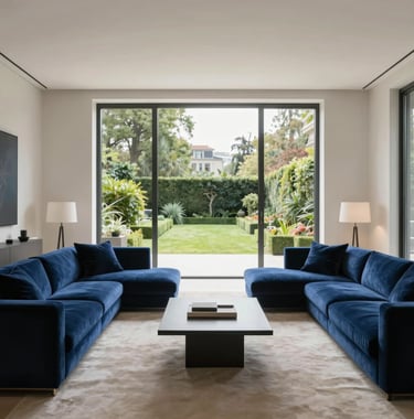 Luxury living room interior in a Geneva apartment, featuring velvet night blue sofas, off-white walls, and floor-to-ceiling windows overlooking a manicured garden. Minimalist architectural photography style.