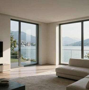 Interior view of a modern luxury apartment in Cologny, featuring minimalist furniture, off-white walls, and floor-to-ceiling windows showing the Geneva lakefront. Soft morning light, professional architectural photography.