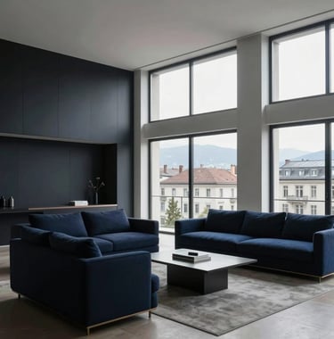 Minimalist interior design of a Geneva penthouse, featuring furniture in deep black and night blue tones, high ceilings, large windows, Swiss architectural elegance, quiet luxury.