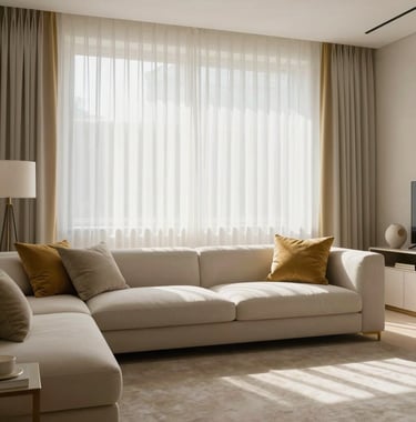 High-end real estate photography of a minimalist living room in Cologny, soft lighting filtering through sheer curtains, off-white and gold accents, exclusive atmosphere.