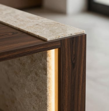 Close-up detail of high-end materials in a Swiss residence: polished stone, dark wood, and golden light accents. Quiet luxury aesthetic, minimalist composition, shallow depth of field.