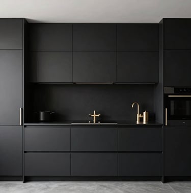 High-end minimalist kitchen in a Geneva property with black matte cabinetry and light gold fixtures. Architectural photography with a focus on symmetry and clean lines.