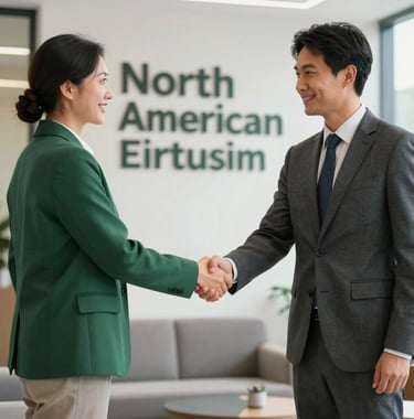 A professional North American businessman shaking hands with a candidate in a lobby, bright and airy composition, signifying a successful recruitment partnership, palette of forest green and slate.