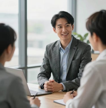 A North American recruiter in business casual attire having a supportive, professional conversation with a candidate in a bright, modern office, natural lighting, atmosphere of trust and progress.