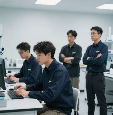 A group of professional researchers and developers in a bright, modern lab environment. They are dressed in smart-casual dark navy attire, working together in a space with pale mist walls.