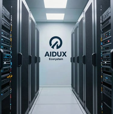 A clean, bright photograph of a modern server room aisle with soft teal and pearl white lighting. The composition is symmetrical and professional, representing the robust Web3 infrastructure and security of the AIDUX token ecosystem.