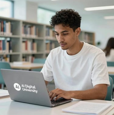 A professional lifestyle photograph of a young, diverse adult focused on a sleek laptop in a bright, modern library space. The palette is dominated by pearl white and soft teal, capturing a moment of empowered, borderless learning through the AI Digital University.