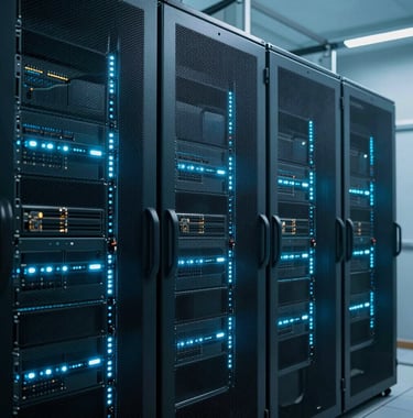 A sharp photograph of modern digital infrastructure servers in a clean facility, glowing with deep teal and soft blue lights.