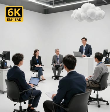 A professional shot of a digital studio where AI avatar professors are rendered, featuring high-end tech equipment and cloud white minimalist decor.