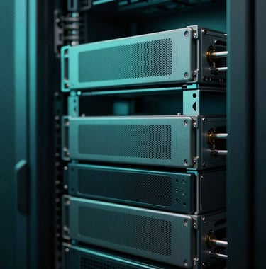 A close-up photograph of modern blockchain server hardware in a data center. The scene is illuminated with soft muted aqua and deep teal lights, emphasizing security and sophisticated innovation.