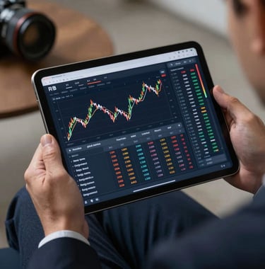 A close-up of a tablet displaying complex financial data and RWA token distributions in a sophisticated interface, held by a professional in a dark navy suit.
