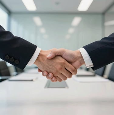 A close-up photograph of two professional hands shaking in a brightly lit, modern glass boardroom. The reflection on the table shows pearl white and dark navy colors. The mood is trustworthy and forward-looking, symbolizing global partnerships and institutional compliance.