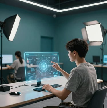 A high-end interior shot of a digital learning hub. A student is interacting with a clean, holographic interface. The room has deep teal accents and a sleek, sophisticated atmosphere with professional studio lighting.