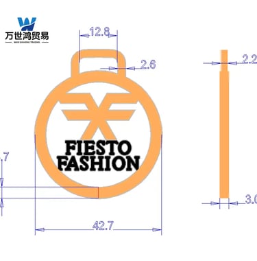 Custom Fiesto Fashion metal charm technical drawing showing precise circular tag dimensions.