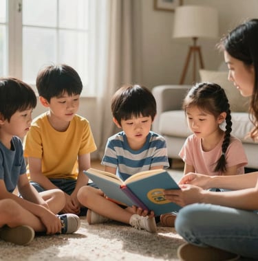 A group of young children sitting on a rug listening intently to a parent reading a book, soft window light, North American home setting, warm and inviting atmosphere.