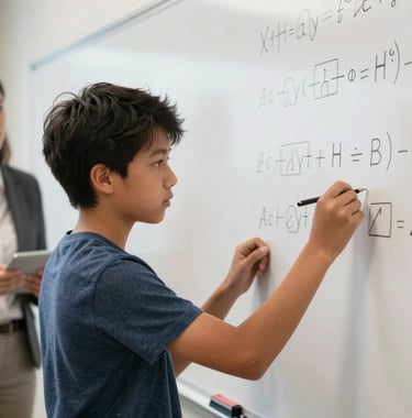 A focused North American teenager solving complex math equations on a whiteboard while a teacher looks on encouragingly, academic and bright setting.