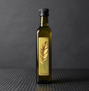 High-end product shot of a luxury olive oil bottle with a gold-leaf label, placed on a dark carbon stone background. Professional studio lighting.