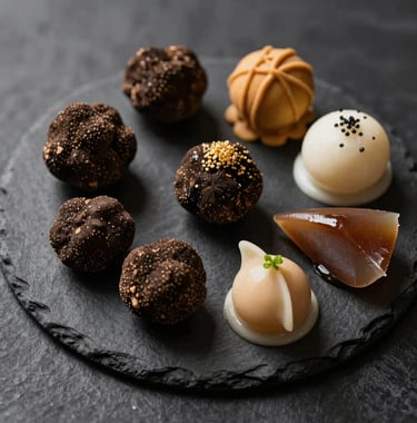 Elegant top-down view of a gourmet platter featuring truffles and artisanal ingredients on a black slate, softly lit with golden highlights and shadows.