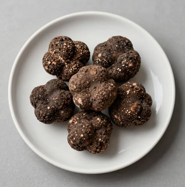 A top-down view of hand-picked premium truffles on a minimalist off-white ceramic plate. Sharp focus, clean and high-end aesthetic.