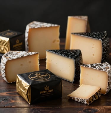 A collection of artisanal cheeses wrapped in premium black and gold packaging. Elegant composition on a dark wood surface.