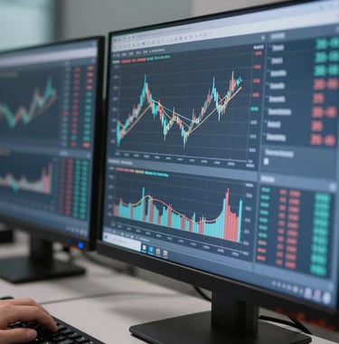A sharp, close-up photograph of a professional financial workstation displaying abstract market data on multiple screens. The environment is clean and professional, using a muted blue and cool grey color palette to signify financial expertise.