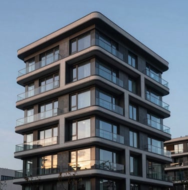 A sophisticated architectural photograph of a luxury residential building in a European capital. The design is contemporary with large windows reflecting a muted blue evening sky, emphasizing high-end real estate investment value.