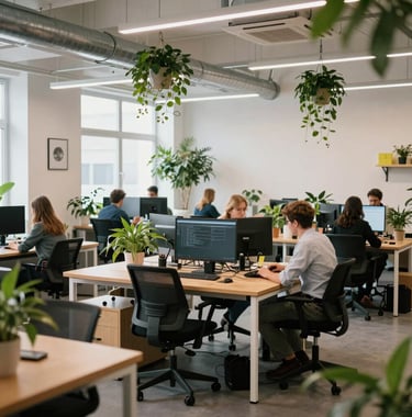 The bright and vibrant interior of a high-tech startup incubator. Open space with plants, wooden desks, and white walls. Professional European creative environment, bright natural lighting.