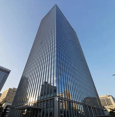 A wide exterior shot of a modern glass skyscraper in a financial district under a clear blue sky. Reflective surfaces showing the surrounding cityscape. Clean, professional composition.