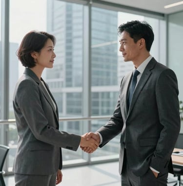 A professional handshake between two business people in a minimalist glass-walled office in a European financial district, soft natural light, shades of cool gray.