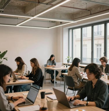 A bright and airy coworking space in Paris where young professionals are collaborating around laptops, high ceilings, modern decor, professional atmosphere.