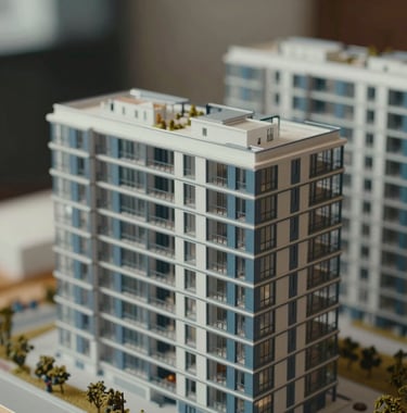A close-up of a sleek architectural model of a modern apartment complex in Europe, focus on clean lines and glass, professional lighting with muted blue accents.