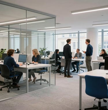 An interior shot of a bright, high-tech startup incubator in Paris. The space features clean lines, glass partitions, and ergonomic furniture in shades of light silver and blue. Professional workers are engaged in collaborative discussions in the background.