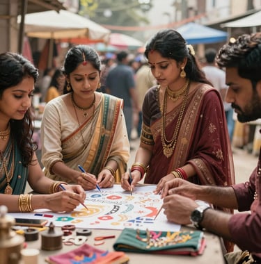 Cinematic shot of a South Asian market scene where modern designers are meeting with traditional artisans to collaborate on new collections.