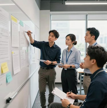 A group of instructional design experts having a creative workshop in a bright, modern US office. They collaborate on complex whiteboards. Highly focused, sophisticated design vibe.