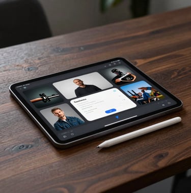 A sleek modern tablet and highly precise digital stylus resting on a dark wood table, showing live course interactive mockups. Contemporary creative design studio in North America.