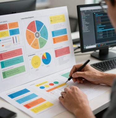 Close up of an instructional designer's workstation in the US showing colorful design guidelines, creative layout boards, and dynamic desktop computer interface.