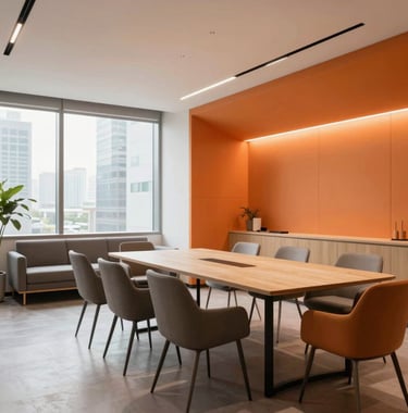 A stylish, brightly lit meeting lounge inside a corporate building in North America. Features minimalist lines, warm orange accents, and dynamic layout style.
