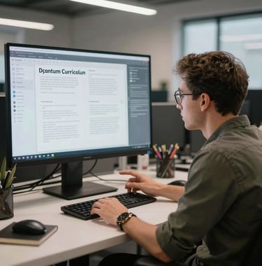 An instructional designer reviewing dynamic digital curriculum blueprints inside a creative North American office workspace.