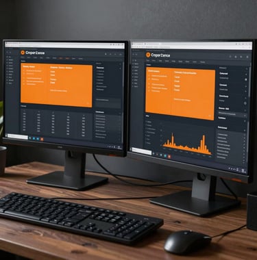 Sleek dual monitor setup showing premium user interface designs for enterprise corporate software, rich orange highlights, deep dark charcoal themes, elegant North American workspace.