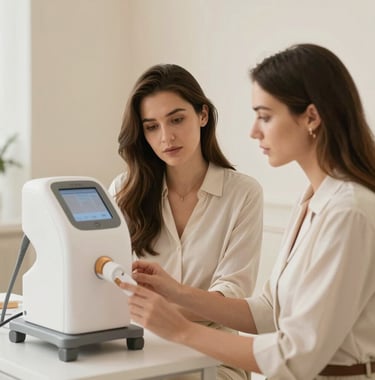 A lifestyle photograph of two women in a professional mentorship session. They are focused on a high-end treatment device. The setting is bright, airy, with champagne gold and warm off-white tones dominating the palette.