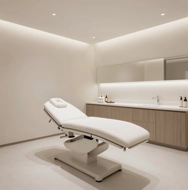 A wide shot of a modern and sophisticated treatment room at the Instituto Tavares. The room is decorated in tones of off-white and soft taupe, looking very serene and upscale.