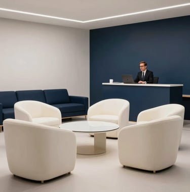 An interior shot of the Instituto Tavares training area. Modern, minimalist furniture in pearl white and dark navy blue creates a professional atmosphere for mentorships. The lighting is bright and sophisticated, highlighting the premium environment.