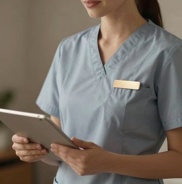 A detail shot of a woman in professional clinical attire, showing a glimpse of a champagne gold name tag. She is holding a tablet, looking professional and ready to assist. The background is a soft-focus deep taupe office setting.