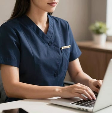 A close-up photograph of a professional woman in a dark navy blue tailored clinical uniform, working in a sunlit, sophisticated office in São Luís. The setting includes warm taupe decor and a pearl white desk, conveying expertise and serenity.