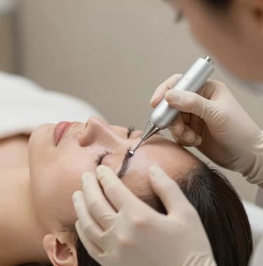 A close-up photograph of a professional skin assessment being conducted, using specialized tools. The color palette is composed of soft beige and off-white tones, conveying expertise and cleanliness.