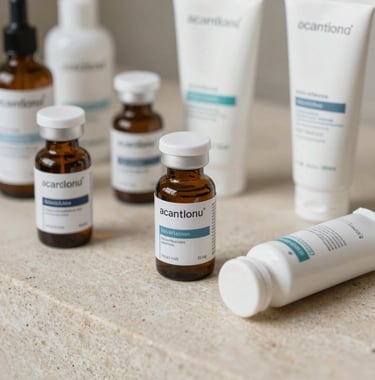 A detail shot of the institute's high-end medical skincare products arranged on a champagne-colored stone surface. Soft lighting highlights the premium packaging.