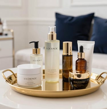 A lifestyle photograph of a high-end treatment room. A soft gold tray holds premium skincare products. The background shows pearl white walls and a glimpse of dark navy blue decorative pillows, reflecting a refined European standard.