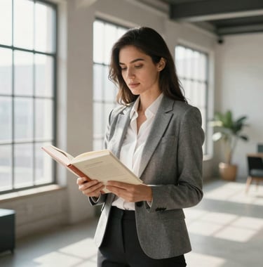 A professional North American woman in business-casual attire holding a printed book, standing in a bright loft with large windows and clean decor.
